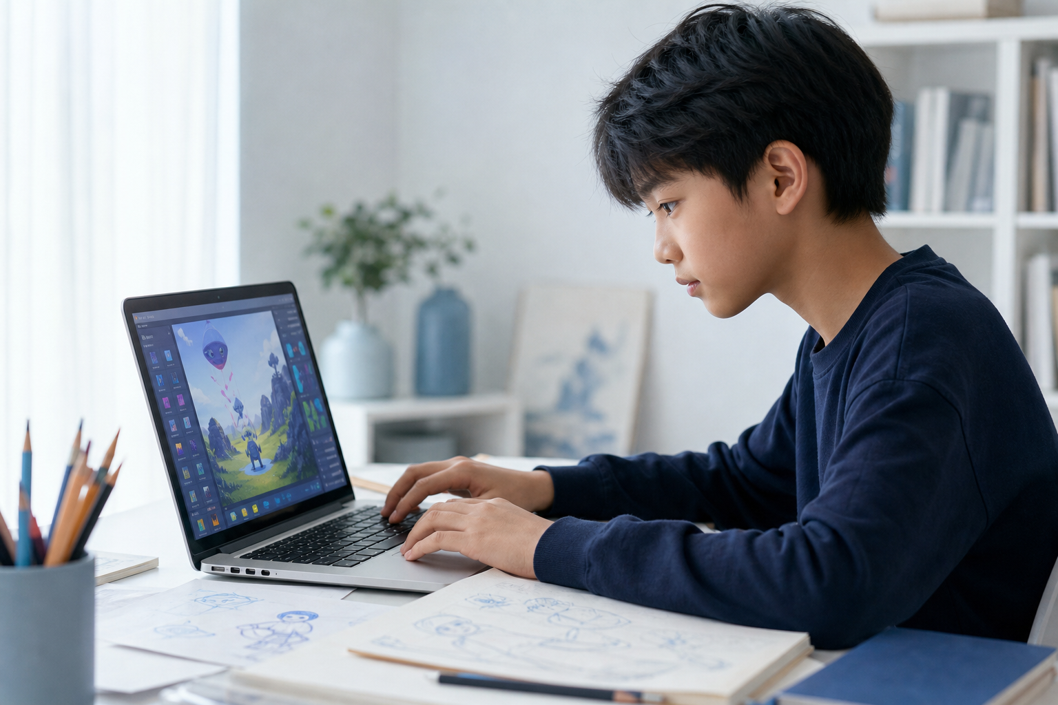 孩子在电脑前创作角色、故事和视频内容的课程场景示意