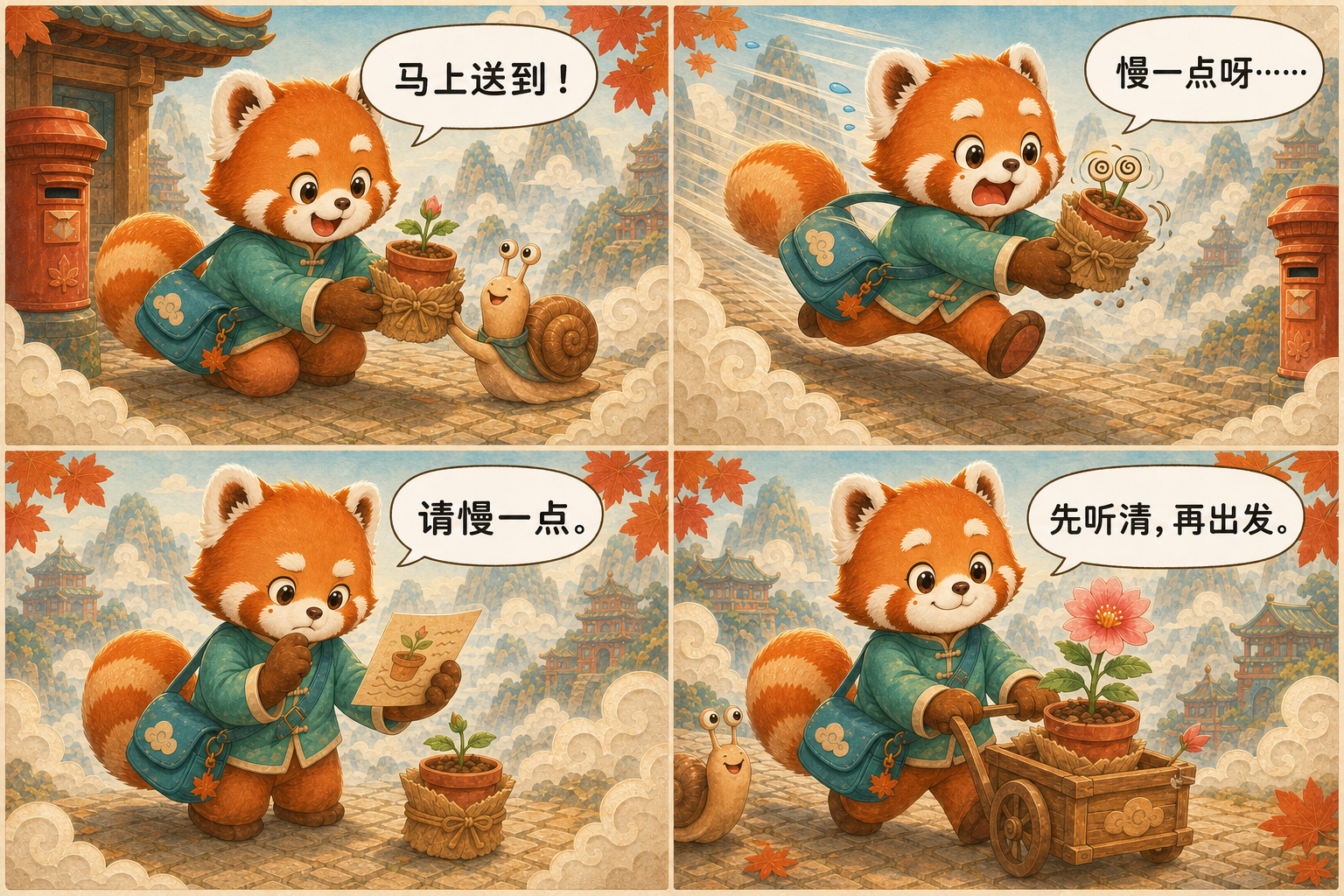 团团的中文四格漫画《最快的慢递》